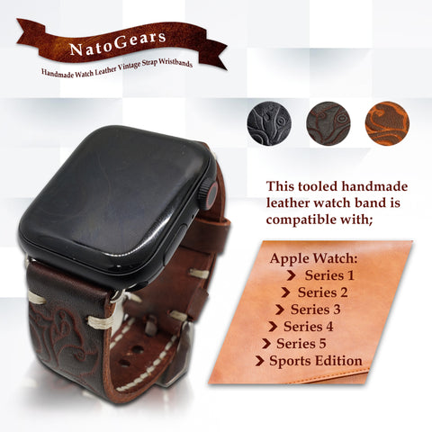 Hand Carved/Tooled Watch Leather Strap Bands For Apple Watches