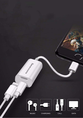 NatoGears - Apple Dual Head Jack Audio Charging Adapter For iPhones/iPods/iPads